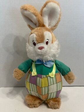 Plush Bloomer Bunny 1991 Stuffed Animal - Cream & Green Patchwork Rabbit